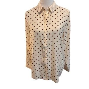 Primark Womens Cream Brown Polka Dot Button Down Blouse Shirt Size‎ 10 Long Slv
